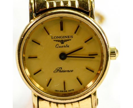 9ct gold Longines Presence ladies watch &amp; 18ct gold non Longines bracelet: Bracelet is gem set, and marked 18k / .750 and