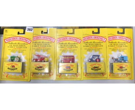 FIVE LESNEY MATCHBOX ORIGINALS LIMITED EDITION DIECAST VEHICLES INCLUDING NO. 1 TRACTOR,  NO. 4 TRACTOR, NO. 5 BUS, NO.7 CARR