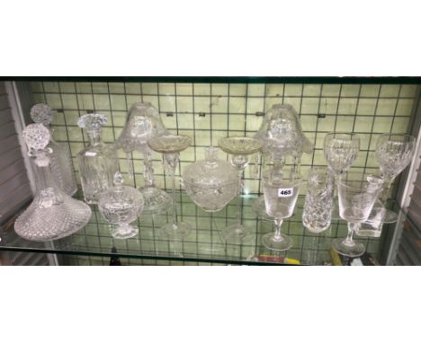 SHELF OF VARIOUS DECANTERS, ETCHED GLASSWARE, LUSTRE DROPPERS AND COLOURED GLASS