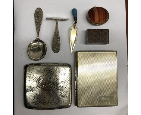 SILVER PLATED CIGARETTE CASE, BEATEN LONDON SILVER CIGARETTE CASE 3.4OZ APPROX, HARDWOOD AND BRASS INLAID SNUFF BOX, AGATE OV