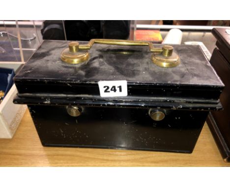 ENAMEL DEED BOX AND A MINIATURE OAK COFFER