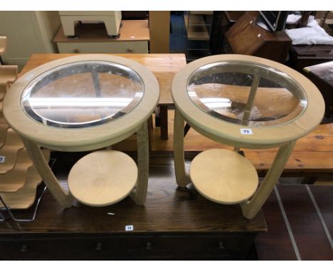 PAIR OF CONTEMPORARY LIGHT OAK GLASS TOPPED LAMP TABLES