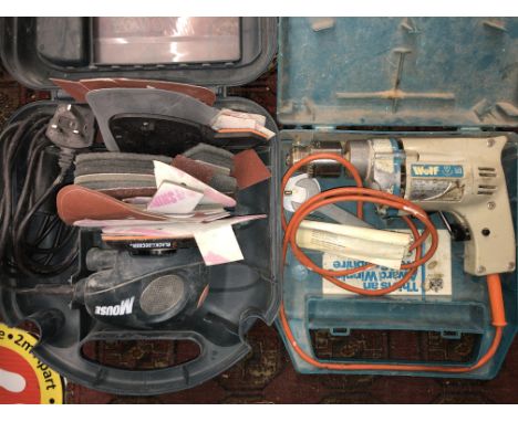CASED BLACK AND DECKER MOUSE CORNER SANDER AND SANDING PADS AND A WOLF DRILL