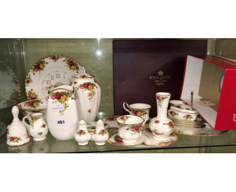 COMPLETE SHELF OF ROYAL ALBERT, OLD COUNTRY ROSE WALL CLOCK, VASES, CRUET SET, SAUCERS, ETC