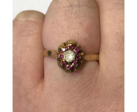 15CT YELLOW GOLD RUBY AND CZ CLUSTER RING SIZE O 2.6G APPROX