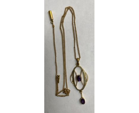 9CT GOLD AMETHYST DROPPER OVAL PENDANT ON A 9CT GOLD TRACE CHAIN 2.8G APPROX