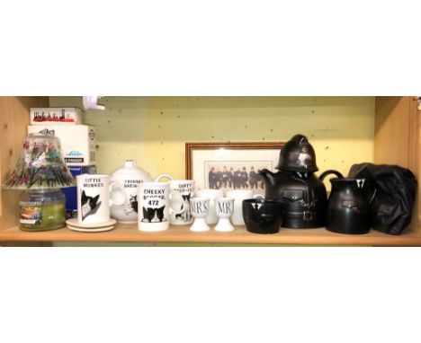 SHELF OF DUCHESS BONE CHINA TEAPOTS, YANKEE CANDLE AND PRINT