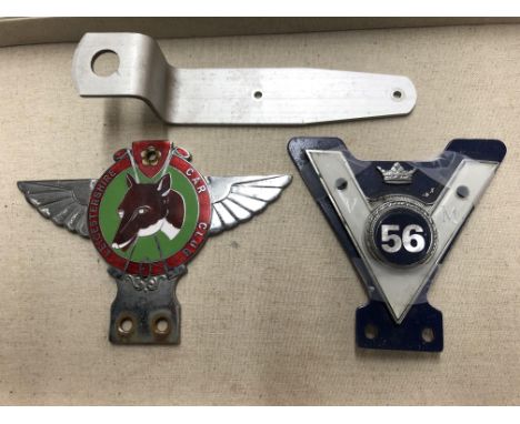 LEICESTERSHIRE CAR CLUB ENAMEL GRILLE BADGE AND A VM 56 CAR BADGE WITH FIXING BRACKET