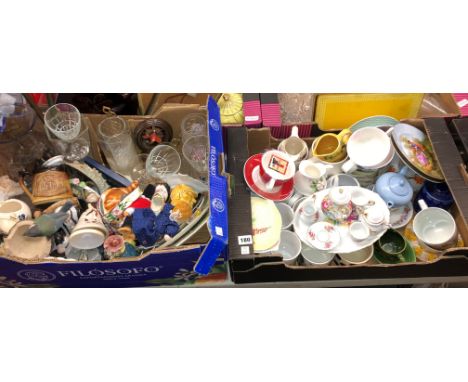 TWO CARTONS CONTAINING A MINIATURE BONE CHINA TEASET, VARIOUS CUPS AND SAUCERS, GLASSWARES AND CERAMICS
