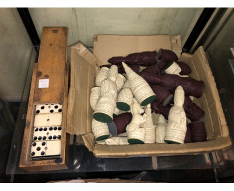 EASTERN INSPIRED CHESS MEN FIGURES AND A BOX OF DOMINOES