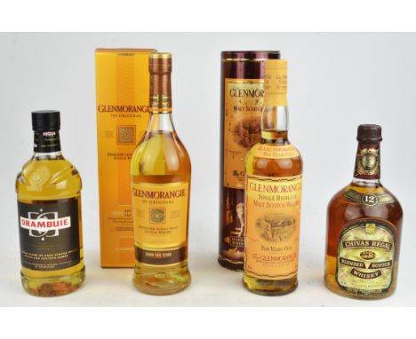 Whisky; five bottles comprising Glenmorangie (x2), Drambuie, Dimple (C.1970) and a 12 year old Chivas Regal, also including a