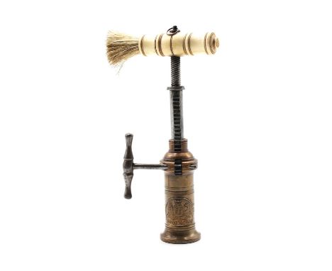 A Thomason type double lever corkscrew by James Heeley, 19th Century, the turned bone handle with suspension loop nipple and 