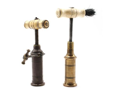A Thomason type double lever corkscrew, 19th Century, the turned bone handle with suspension loop nipple, lacking brush, doub