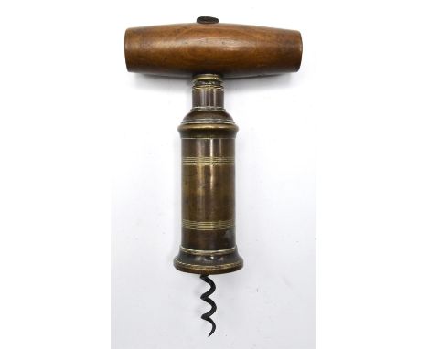 A Thomason type corkscrew, 19th Century, turned wood handle, double action, ring turned brass barrel with steel helix,18cm 