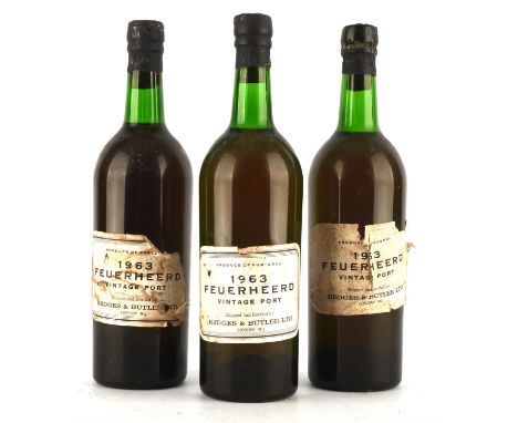 Port ; 1963 Feuerheerd Vintage port, shipped and bottled by Hedges & Butler Ltd, London W 1.  (3)