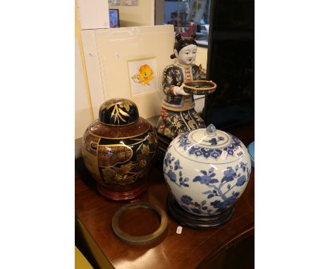 Pottery figure of a Chinese girl on wooden plinth and 2 Ginger Jars 