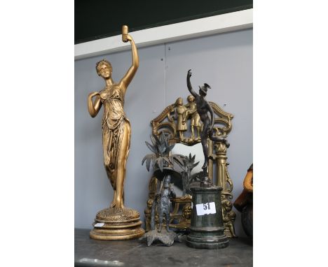 Bronze figure of Hermes mounted on marble base, Brass figural decorated mirror and 2 other figures