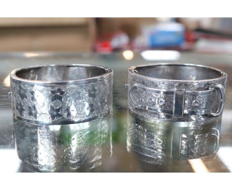 Edwardian Silver Buckle design bangle and another engraved Silver Bangle. 58g total weight 