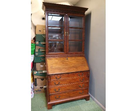 Georgian Style Mahogany fall front bureau with glazed top over fitted fall front and bracket feet 