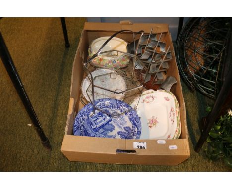 Box of assorted Ceramics and bygones to include Mid Century model of a boat, Spode Italian etc.