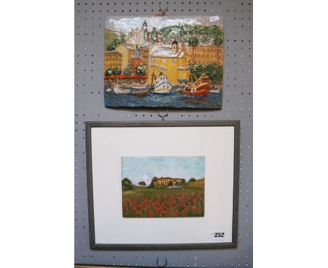 Framed Ceramic plaque Dorica Rossi Lavagna 2003 and a unframed Studio Pottery plaque of Harbour scene. 