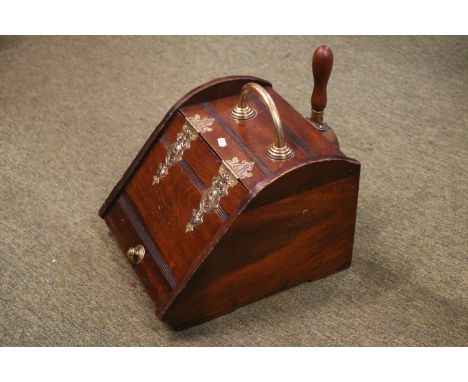 Victorian Brass &amp; Oak Coal Scuttle With Brass toasting Fork