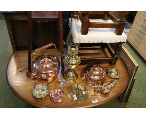 Good quality Brassware and copperware to include Kettle, Oil Lamp, Powder Flask etc.