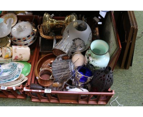 Collection of bygones to include Silver plated wares Brass Oil Lamp, Copperware etc.