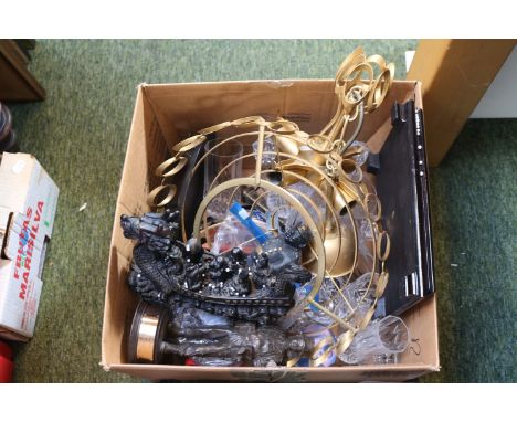 Box of assorted bygones to include WW1 Kaiser Wilhelm Cast Iron figure, 1970s Ceiling light and assorted bygones