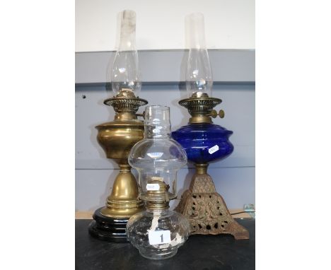 Late Victorian Oil Lamp with Blue glass reservoir, Brass oil lamp and a smaller glass dimple effect Oil Lamp