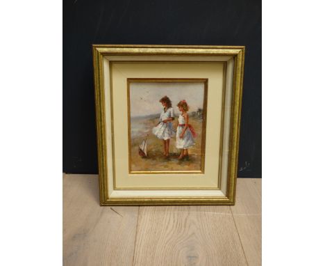 Impressionist oil painting of two girls playing with sail boat at seaside, 25x20cm