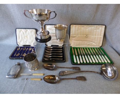 Collection of silver flatware, some cased, a William Bateman soup ladle, a small silver hip flask, a silver embossed christen