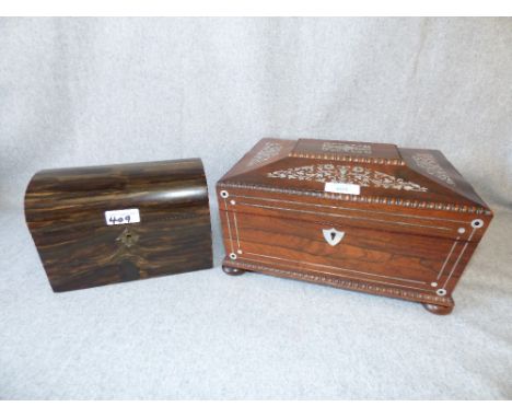 Victorian rosewood & mother of pearl inlaid trinket box & simulated coromandel tea caddy