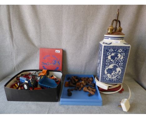 Blue & white Chinese style table lamp & qty mixed toy vehicles etc