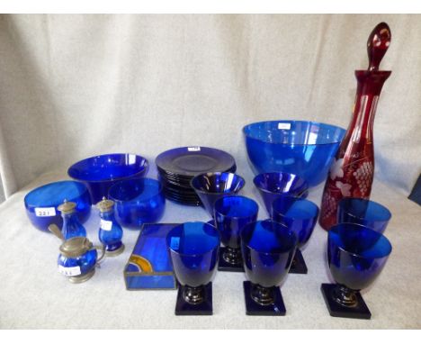 Qty of blue glass drinking glasses, plates, bowls etc & cranberry glass decanter