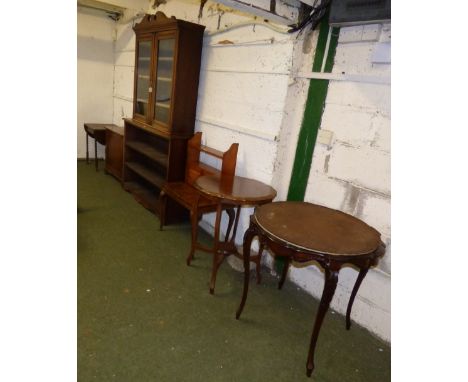 Georgian oak cabinet, 4 occasional tables & oak book shelf