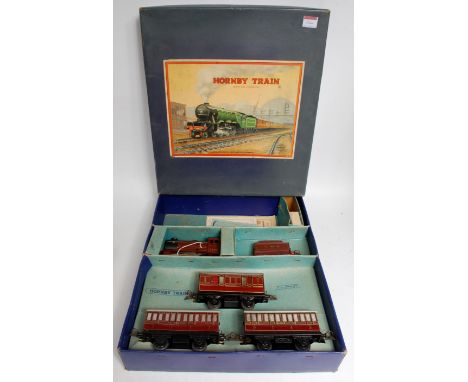 Hornby 1950 LMS No. 501 passenger set comprising maroon c/w 0-4-0 loco No. 5600 with 4 wheel LMS tender, 2x No. 1 LMS coaches