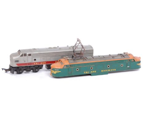 A Triang Transcontinental yellow Bo-Bo switcher (G,BG), a Bo-Bo diesel switcher silver/red single ended unit (F-G), and a gre