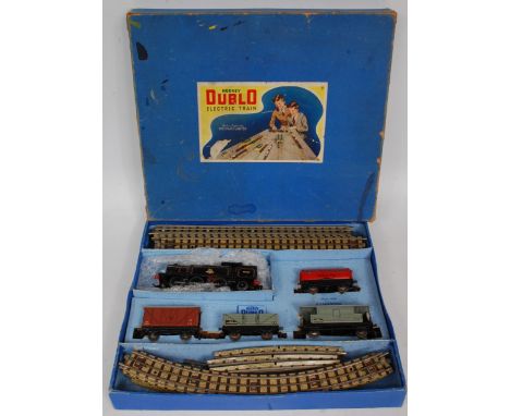 A Hornby Dublo EDG17 tank goods train set containing gloss black EDL17 tank engine, 4 wagons and a quantity of track, some us