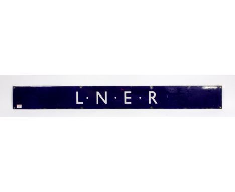 Enamel railway poster header sign 'LNER', white on blue ground, wear on edges mainly, 53 inches x 6 inches