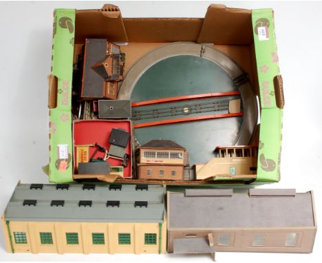 Hornby Dublo accessories including 5005 2-road engine shed (G), turntable, signal cabin, track,  switches etc, and card kit b