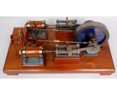 Scratch built horizontal mill type engine with 2 wood clad cylinders approx 1.25 inch bore x 1.5 inch stroke, driving a heavy