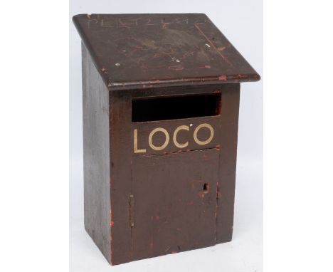 An unusual railway related painted letter box?, marked Loco to the front, with postal hole and single door to front, plate la