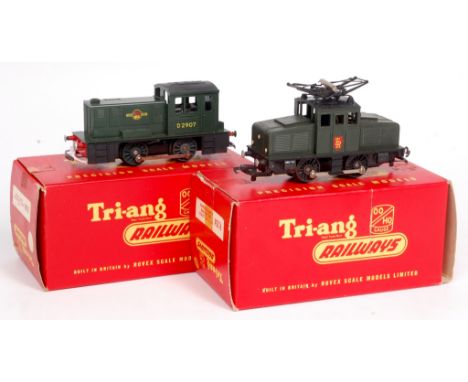 A Triang R559 0-4-0 diesel shunter No. D2907, BR green (VG,BVG), and R254 0-4-0 electric steeple cab locomotive, BR green wit