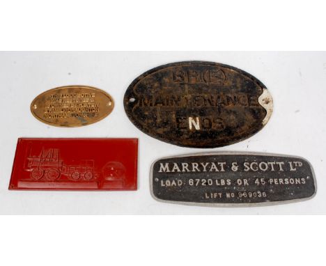 Four railway plaques to include BR (E) Maintenance Ends, Marryat and Scott Railway Lift Sign, a Bulmers Stone Locomotion sign