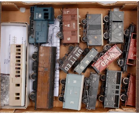 A large tray of 13 kit built mainly Slater's rolling stock including 11 wagons, a 6 wheel LNER full brake coach, a part built
