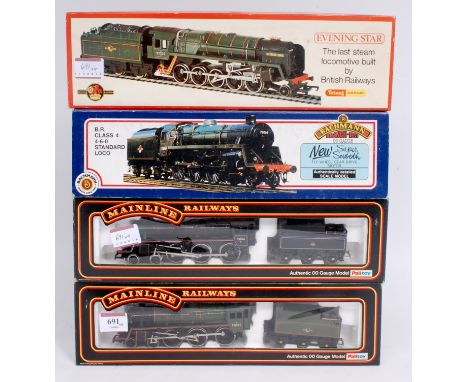 A Mainline BR Standard Class 4 4-6-0 No. 75001 in BR lined green (VG,BG), another as No. 75006 in BR lined black (G,BG), a Ba