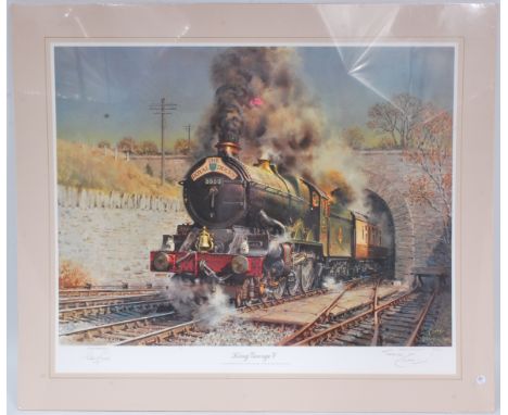 Limited edition pencil signed Terrene Cuneo Print, deposing King George V with the Royal Duchy leaving Dainton Tunnel, mounte