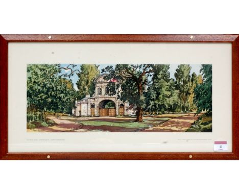 A rare railway carriage print, later framed and glazed, depicting Temple Bar, Cheshunt, Herefordshire, taken from a watercolo