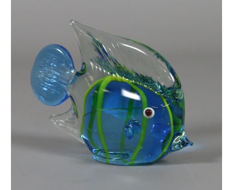 A Murano glass model of a fish. Blue ground and with yellow stripped decoration. 